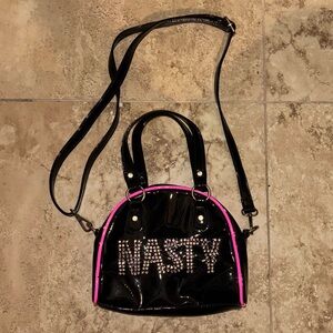Dolls Kill Black Patent Mini Dome Bag with Pink Trim and Studded NASTY